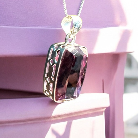 Large Emerald Cut Amethyst Sterling Silver Necklace - Picture 4 of 11